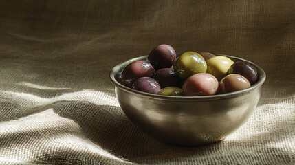 Mixed olives with a hint of olive oil in a rustic metal bowl, on a burlap cloth with soft shadows