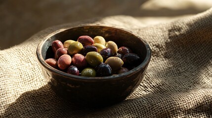 Mixed olives with a hint of olive oil in a rustic metal bowl, on a burlap cloth with soft shadows