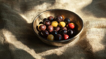 Mixed olives with a hint of olive oil in a rustic metal bowl, on a burlap cloth with soft shadows