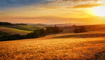 Fototapeta premium Sunset Over Rolling Hills of Golden Fields, Captured With a Vibrant Sky and Layers of Trees in the Distance for a Scenic Nature Landscape