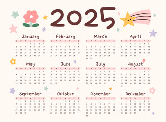 Cute calendar for 2025, week starts on Sunday. Horizontal annual calendar template for printing. Perfect for kids nursery, home or office decor.  Schedule for planning, organization. Kawaii design.