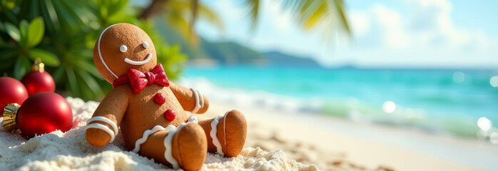 A gingerbread man enjoys a sunny day at the beach, surrounded by sand, sea, and holiday decorations