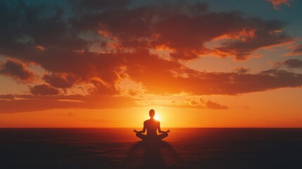 Obraz premium A person is meditating in silhouette, surrounded by a stunning sunset glowing over the calm horizon, creating a serene atmosphere. Generative AI