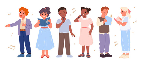 Children singing song together in choir set. Diverse vocal group of cute girls and boys holding microphone and notebook, female and male little singers sing to music cartoon vector illustration