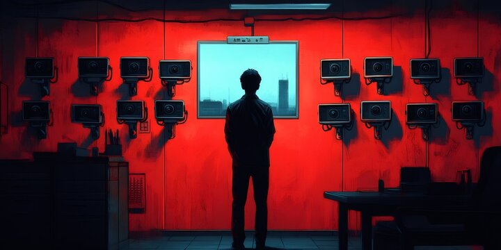 paranoia in surveillance, an individual is isolated in an office, encircled by surveillance cameras, shivering from fear, envisioning possible threats