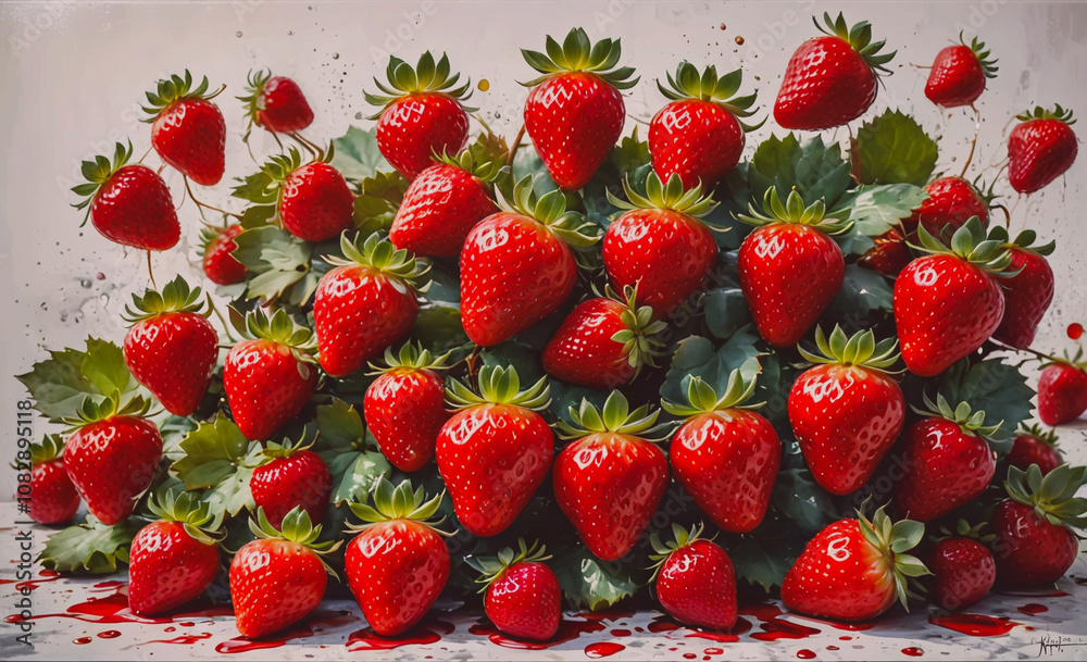 Poster bunch of red strawberries with a few drops of red paint on them