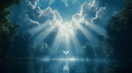 religious art, tranquil scene of jesus baptism by john in the jordan river, with sunlight breaking through clouds and the holy spirit as a dove