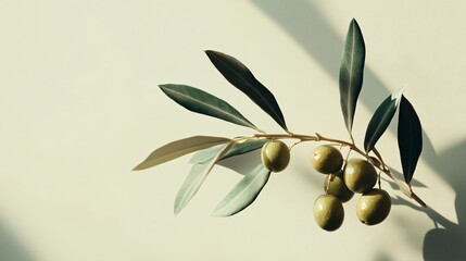 Single olive branch with a cluster of olives, isolated on a light background with clean, minimal lighting