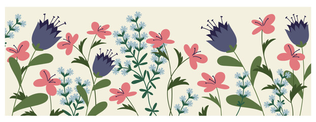 Spring and summer garden flowers in border with floral pattern. Wild flowers growth on meadows or fields, botanical texture on yellow background in modern naive style cartoon vector illustration © Natalia