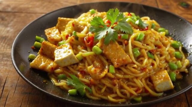 Close-Up Shot of Steaming Pad See Ew with Tofu, Bean Sprouts, and Peas, Garnished with Fresh Cilantro