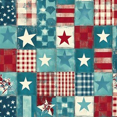 Fototapeta premium Abstract Patchwork Artwork Featuring Stars and Red, White, and Blue Colors