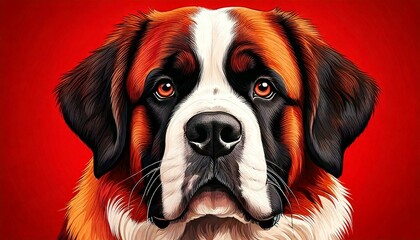 Saint Bernard dog on red background