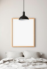 Simple Interior Design Featuring a Hanging Lamp and an Empty Frame on a Wall in a Bedroom