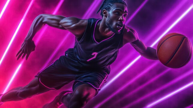 Athletic prowess: Witness an African-American basketball player in dynamic motion, training against a neon-lit background. -