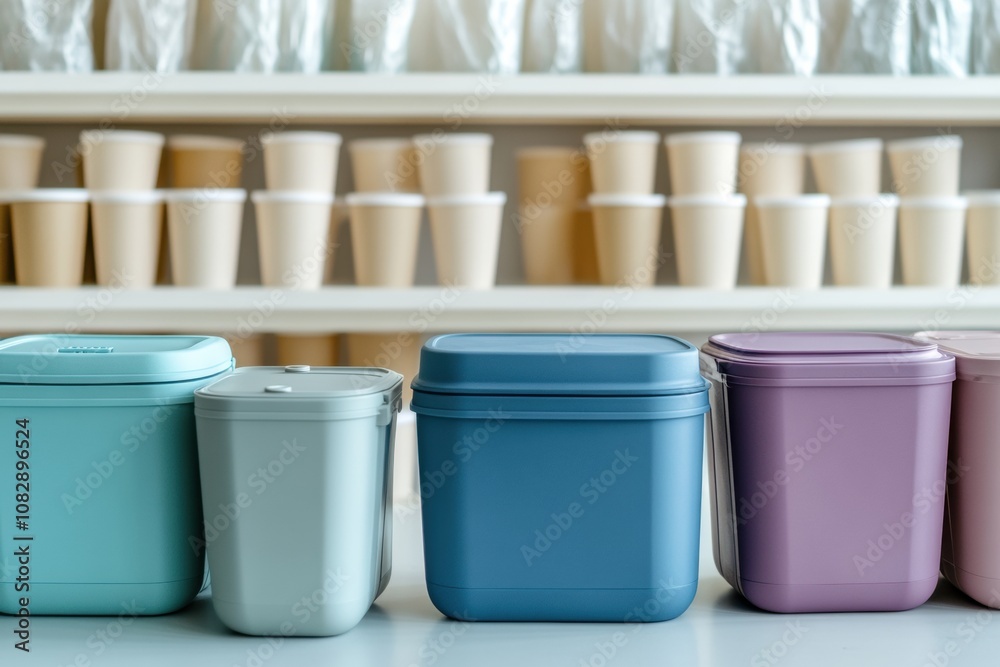 Poster The image contrasts reusable containers with single-use plastic bags and cups, emphasizing eco-friendly alternatives for everyday use. Generative AI