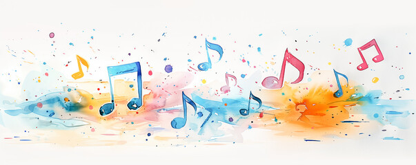 Abstract illustration of musical background with music notes and colorful wavy lines. Concept of the background and backdrop.