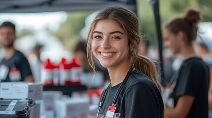blood donation campaign, a health awareness event is promoting erythrocyte donation, featuring informative booths, medical staff, and friendly volunteers