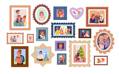 Family photo frames. Photograph cute pictures of generation history on home wall, portraits of kids and parents, grandparents and dog, fun scenes of holidays and travel cartoon vector illustration