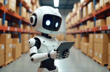 A humanoid robot uses a tablet while standing in a spacious warehouse stacked with cardboard boxes
