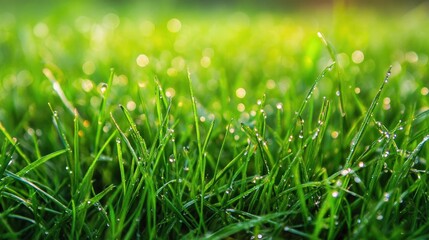 Obraz premium Macro photo of grass with dewdrops and natural bokeh background