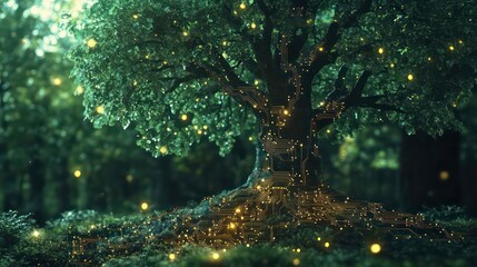 A glowing tree with digital roots in a mystical forest, surrounded by fireflies at night.