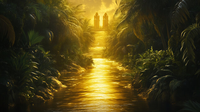 A mystical depiction of the Nile, flowing with golden water and surrounded by lush vegetation, symbolizing Hapi, the god of fertility