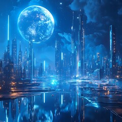 Sci-fi city with blue and white glowing lights picture