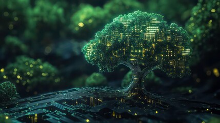 Artificial intelligence tree with circuit board connections, symbolizing technology and innovation in a digital forest landscape -