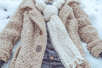 Cozy winter outfit with a wool coat, knitted scarf, and boots, set against a snowy background