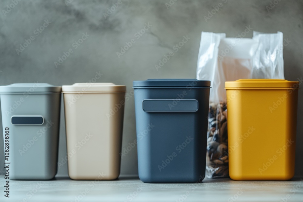 Poster reusable containers are neatly arranged, contrasting with single-use plastic bags and cups, emphasiz