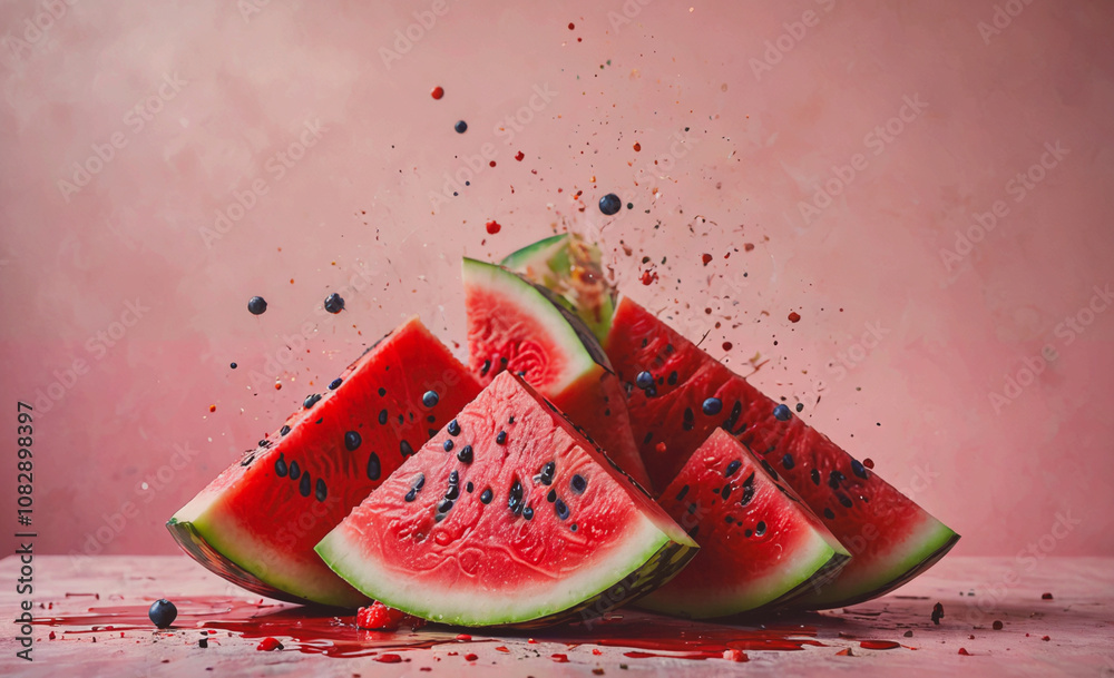 Poster watermelon is cut into slices and is on a table