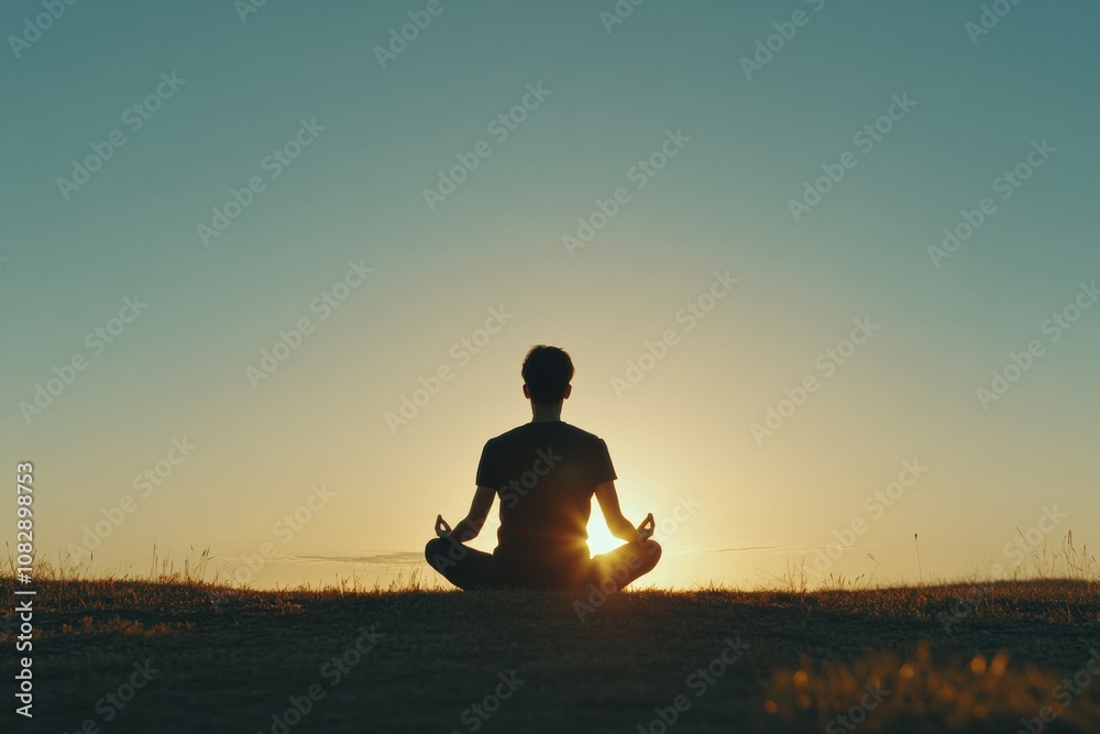 Poster Silhouette of a person meditating in a calm position, surrounded by nature as the sun sets in the background, creating a peaceful atmosphere. Generative AI
