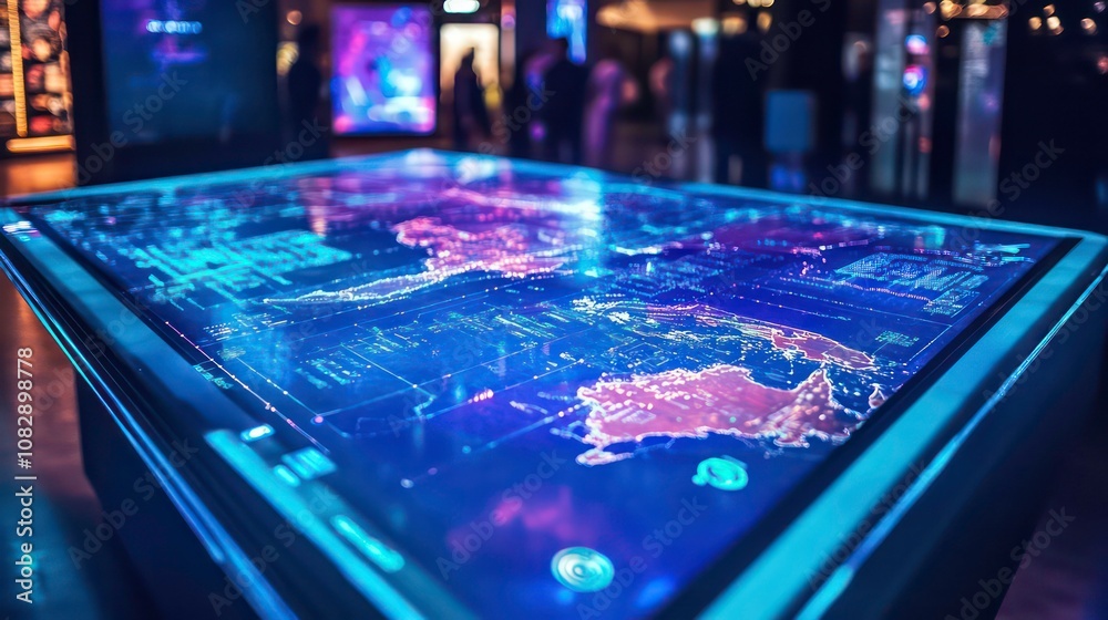 Poster an interactive digital table displaying futuristic data visualizations in a modern tech exhibition a