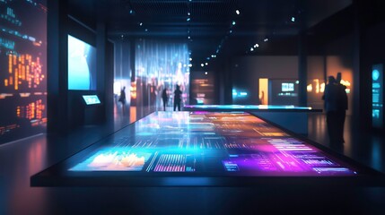 An interactive digital table displaying futuristic data visualizations in a modern tech exhibition at night