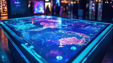 An interactive digital table displaying futuristic data visualizations in a modern tech exhibition at night