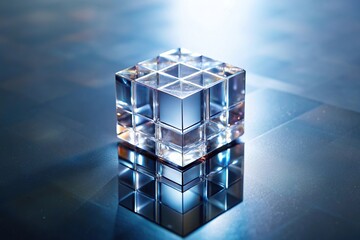 clear glittering cube on reflective surface with depth and perspective Low Angle