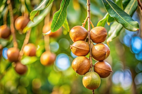 Close up of macadamia nut hanging on the tree, forced perspective