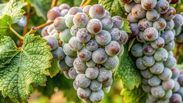 Close-up of grape leaves covered in white powdery mildew, a common disease caused by Uncinula necator