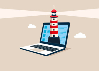 Laptop with lighthouse. Business vision and direction. Flat vector illustration