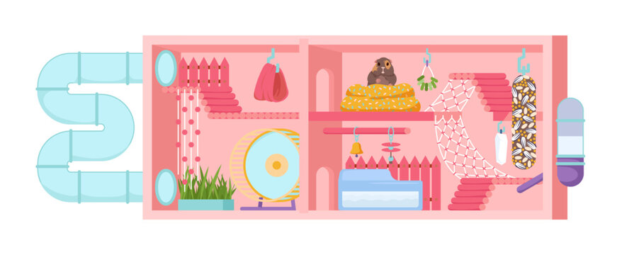 Cozy house for hamster or guinea pig. Pets cage with pipe tunnel and tools for playing and food eating, bowl to drink and bath, toys and wheel for training of rodent cartoon vector illustration