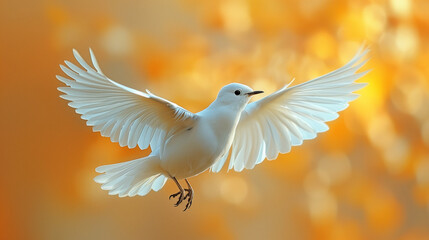 Obraz premium White dove flying with wings spread wide against a yellow autumn bokeh background.