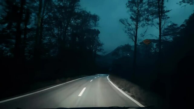 captured vehicle winding road offering chilling cinematic experience 4K resolution dark nature light sky background evening landscape path season snow snowy space tree winter wood blizzard blue