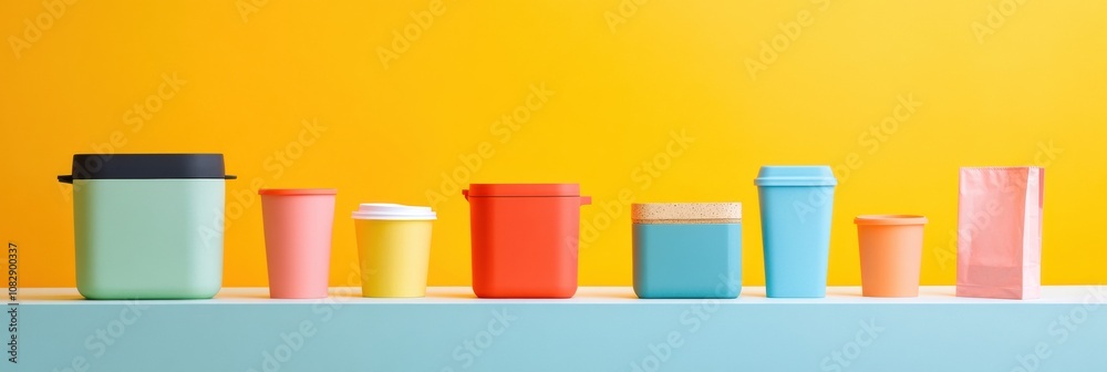 Poster Various colorful reusable containers are displayed prominently, contrasting with single-use plastic bags and cups, promoting sustainability. Generative AI