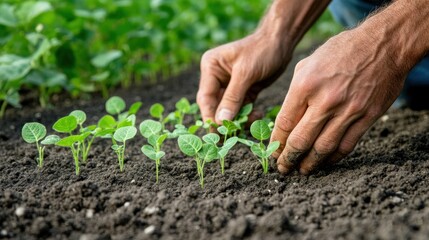 Farmer's hands planting young green seedlings in soil close-up