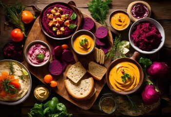 vibrant collection flavorful appealing snack spreads colorful display culinary delights, appetizer, assortment, dip, dish, feast, fresh, garnish, gourmet