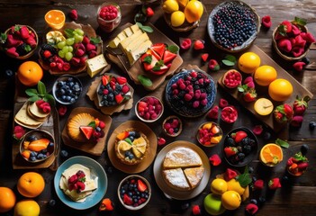 vibrant flat lays featuring colorful culinary creations showcasing fresh desserts laying rustic wooden table, appetizing, aesthetic, arrangement