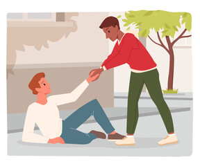 Help and support, first aid for friend in difficult situation. Guy holding fallen persons arm to help stand up, scene of altruistic behavior and friendship on city street cartoon vector illustration