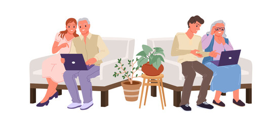 Support, assistance and care from young people to elderly in learning how to use computer and internet set. Students training old grandpa and granny, sitting on sofa cartoon vector illustration