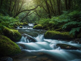 Fototapeta premium Stream Flowing Through a Lush Forest