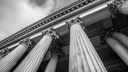 Low angle view of a classical building facade with columns reaching upwards against a cloudy sky.